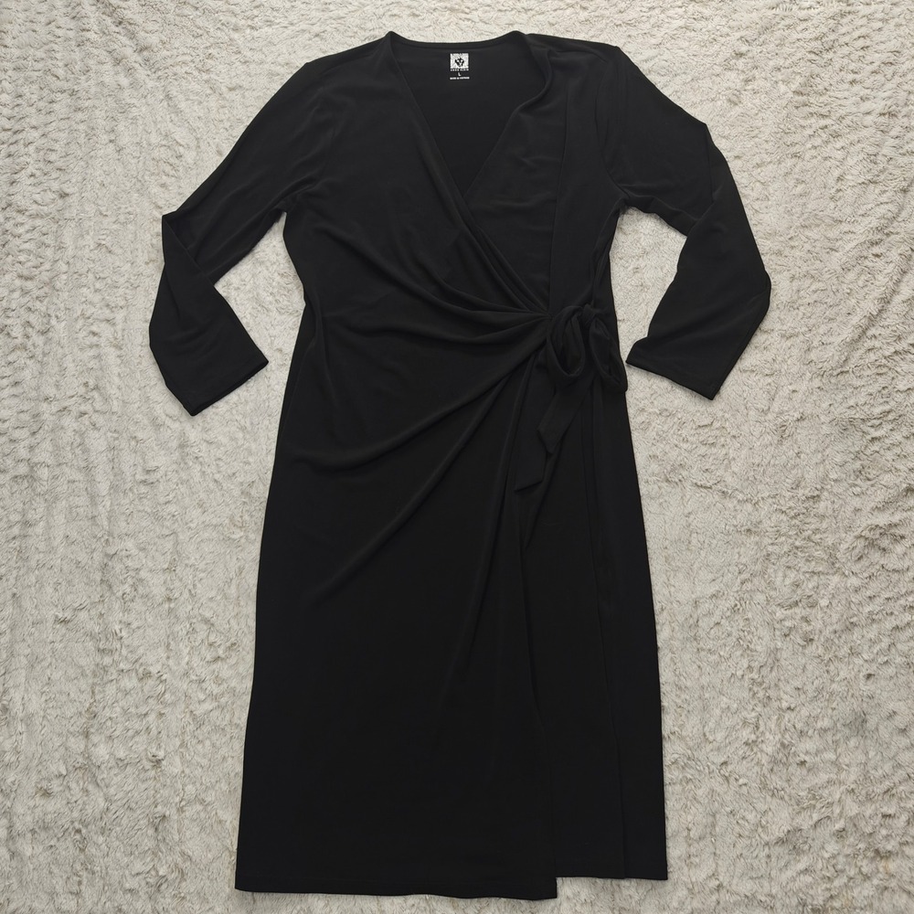Anne Klein Black Faux Wrap Dress Womens Large Minimalist Preppy Office
